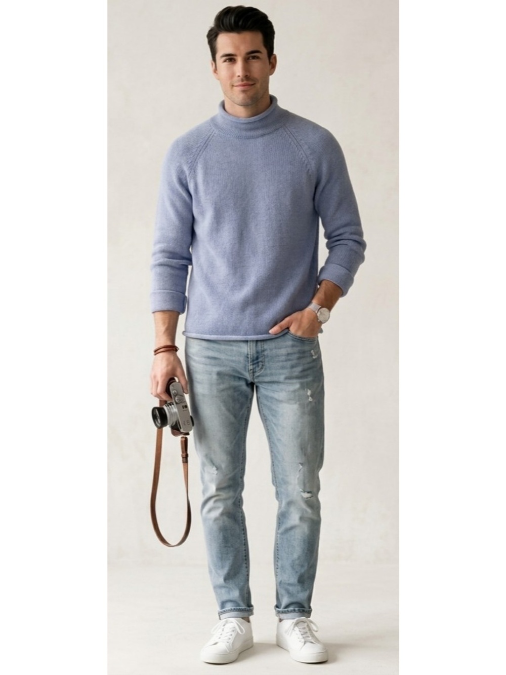 VTG J.Crew Dusty Blue 1988 Rollneck Mock Roll Neck 100% Cotton Sweater